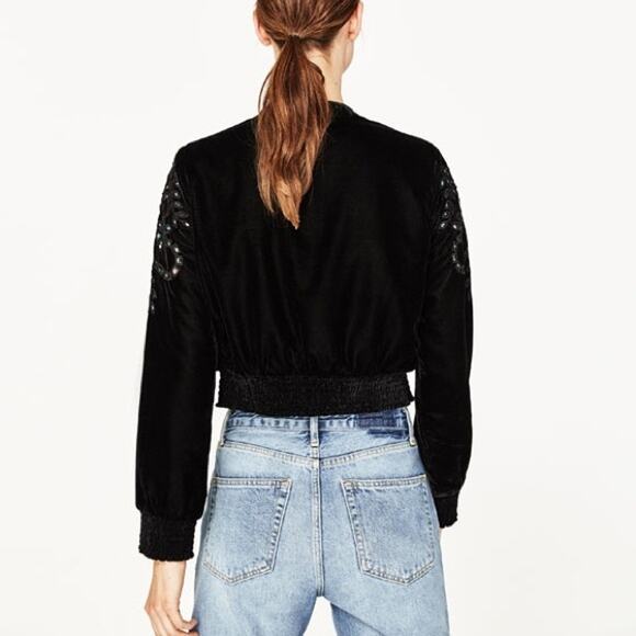 ZARA Velvet Eyelet Cut Out Bomber Jacket Size Small - Picture 5 of 9